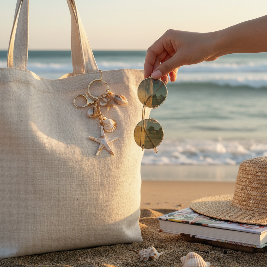 Ocean Beach Theme Charm Keychain - Starfish & Seashell Gold Keyring with Lobster Clasp, Nautical Summer Bag Accessory Gift (YNV-1712)