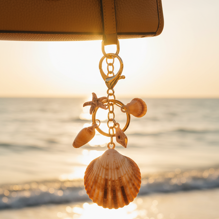 Natural Seashell Keychain with Starfish & Shell Charms – Coastal Beach Bag Charm & Key Ring Holder (11cm) (YNV-1714)