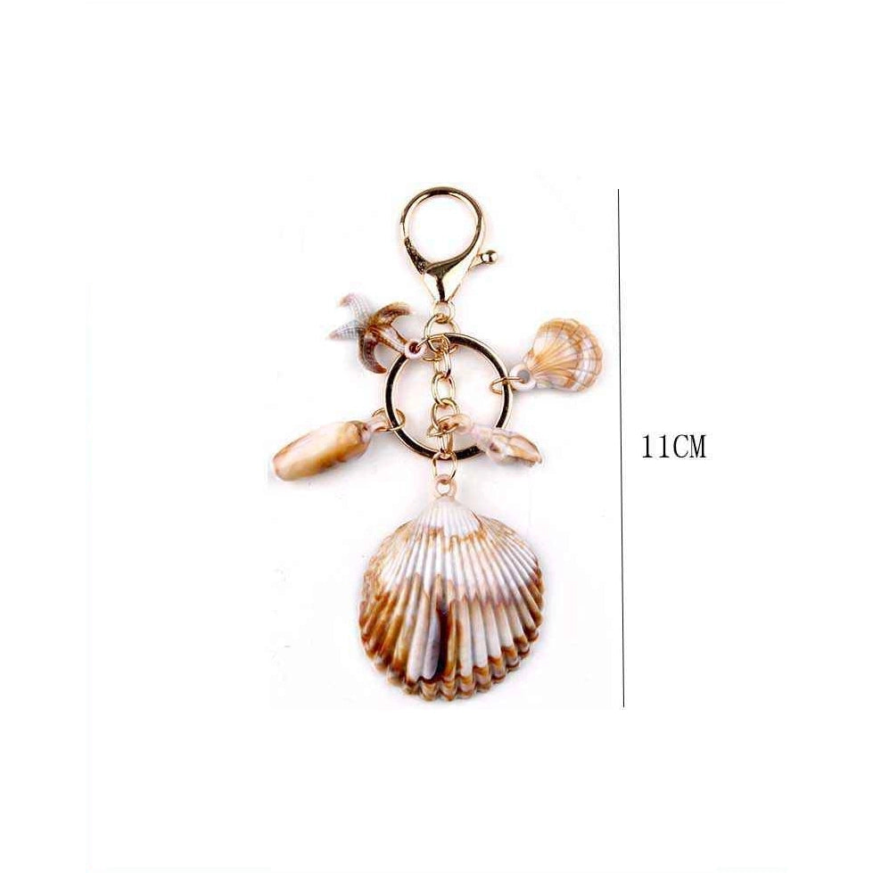 Natural Seashell Keychain with Starfish & Shell Charms – Coastal Beach Bag Charm & Key Ring Holder (11cm) (YNV-1714)