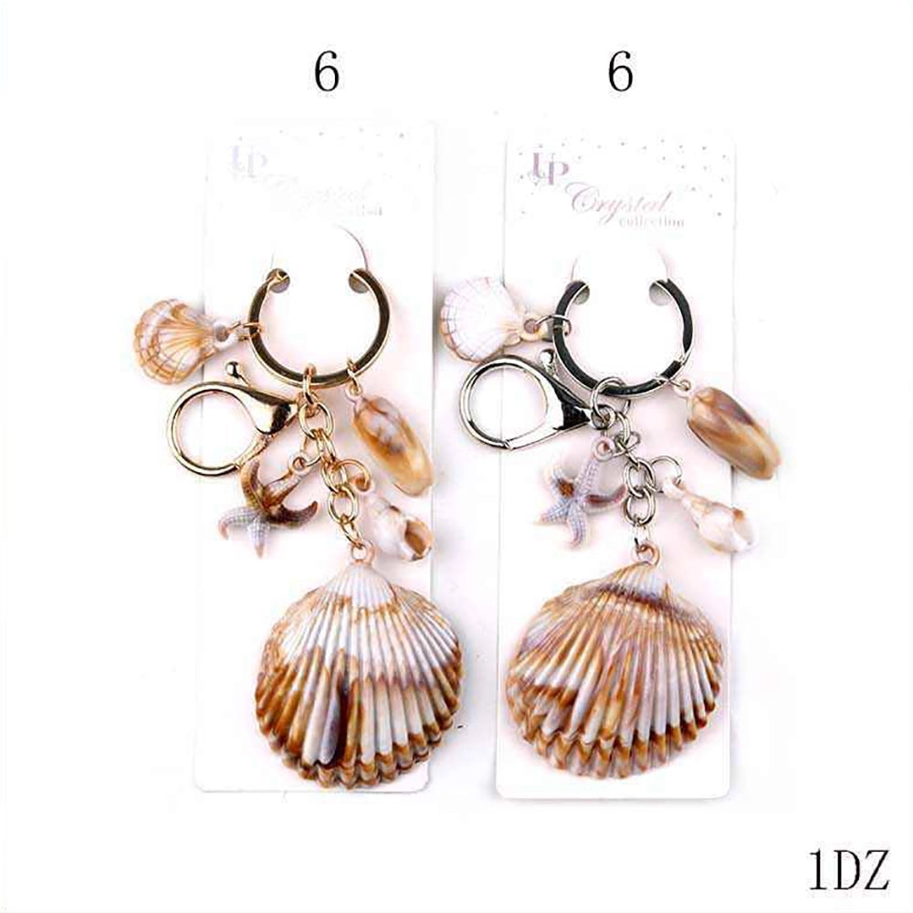 Natural Seashell Keychain with Starfish & Shell Charms – Coastal Beach Bag Charm & Key Ring Holder (11cm) (YNV-1714)