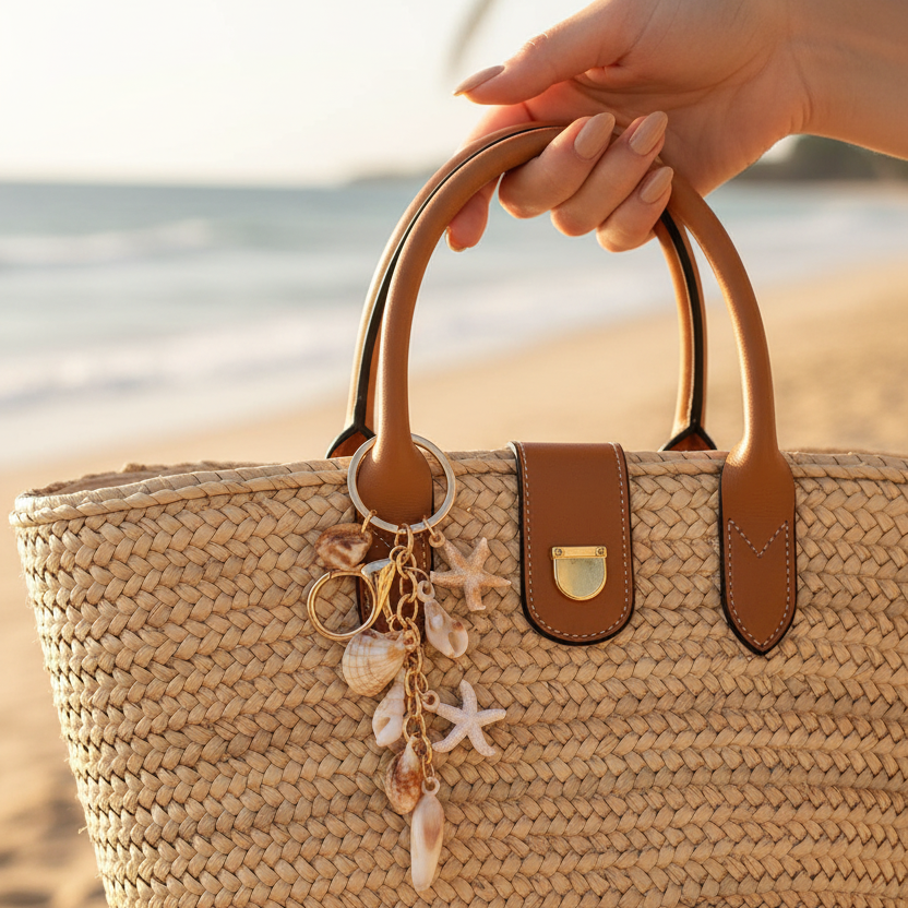 Ocean Shell Charm Keychain – 12.5cm Beach-Themed Key Ring with Starfish & Cowrie Shells, Coastal Bag Charm and Summer Accessory 12pc Wholesale Pack (YNV-1715)