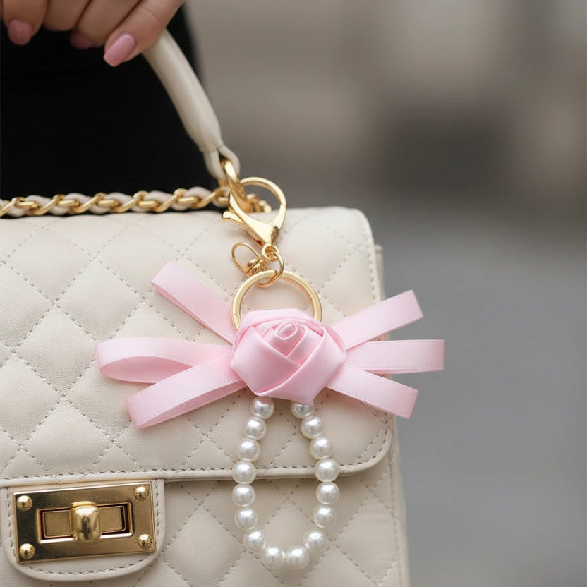 Elegant Ribbon Rose Pearl Keychain Charm - 12-Piece Assorted Color Pack, Cute Floral Bow Knot Wristlet Key Ring For Girls (YNV-1725P)