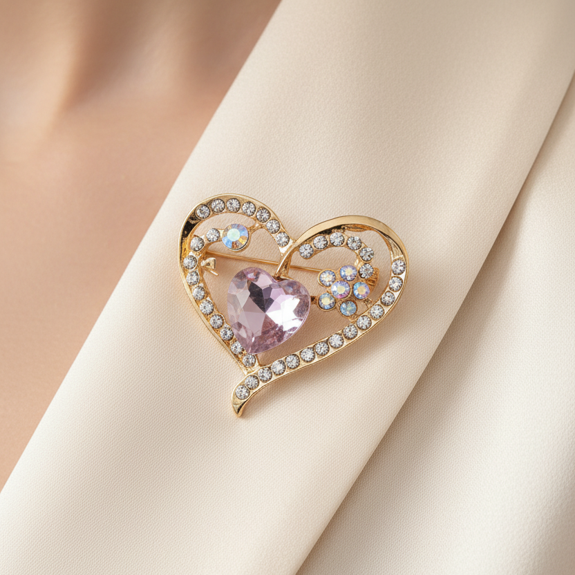 Elegant Rhinestone Heart Brooch Pin – Colorful Crystal Heart-in-Heart Lapel Pin for Women, Valentine's Day Jewelry Gift, Wholesale 12-Piece Set (YNV-1736)
