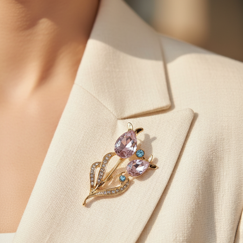 Elegant Tulip Flower Crystal Brooch Pin for Women – 6cm Vintage Gold & Silver Floral Rhinestone Lapel Pin, Luxury Jewelry Gift for Weddings, Parties, and Banquets (YNV-1741)