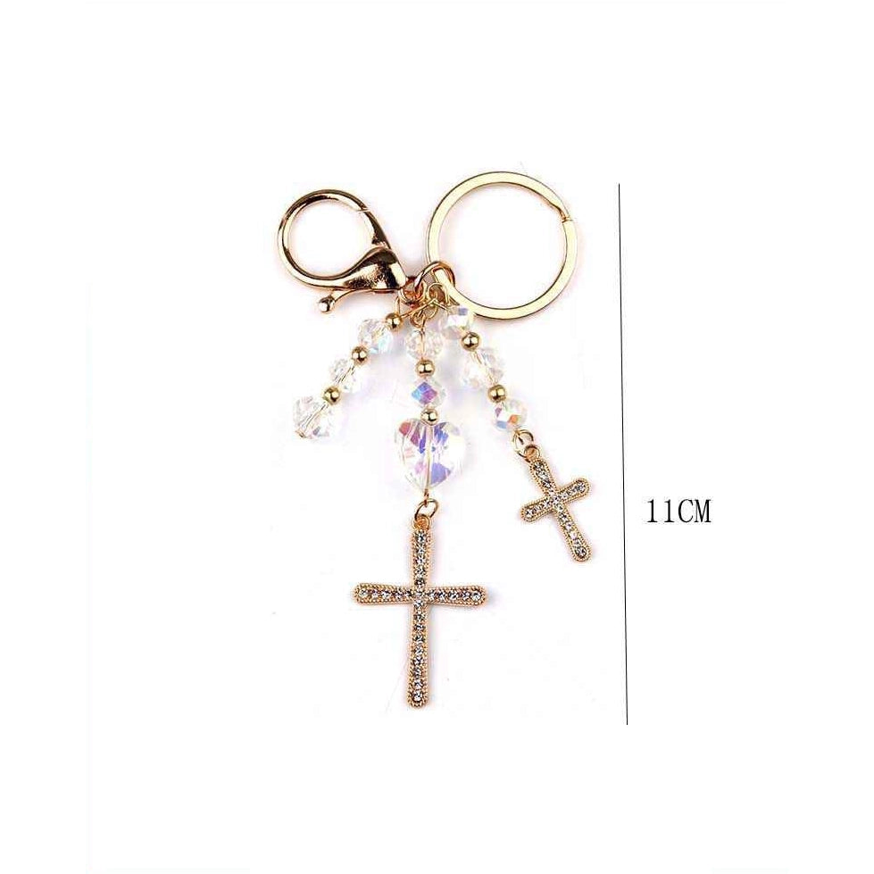 Sparkling Crystal Cross Keychain with Iridescent Heart Charm – Rhinestone Cross Bag Charm & Purse Accessory for Women (Gold & Silver, 11cm) (YNV-1754)