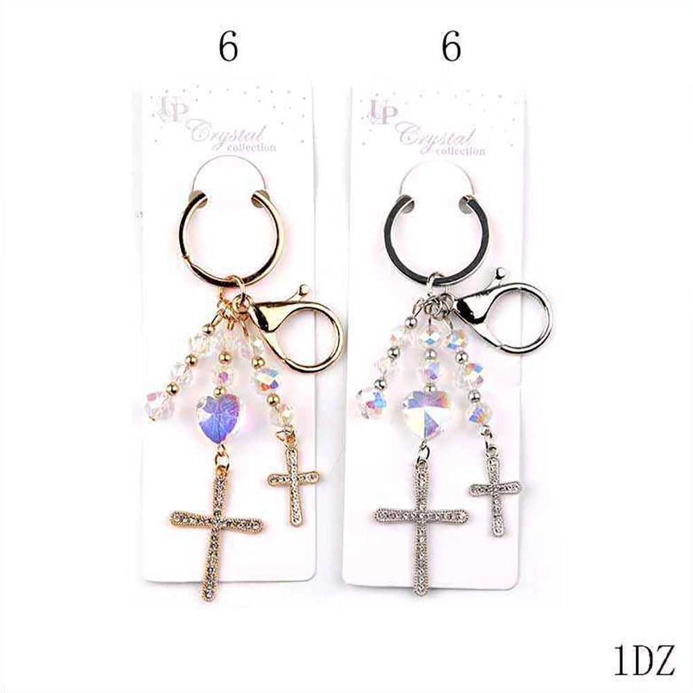 Sparkling Crystal Cross Keychain with Iridescent Heart Charm – Rhinestone Cross Bag Charm & Purse Accessory for Women (Gold & Silver, 11cm) (YNV-1754)