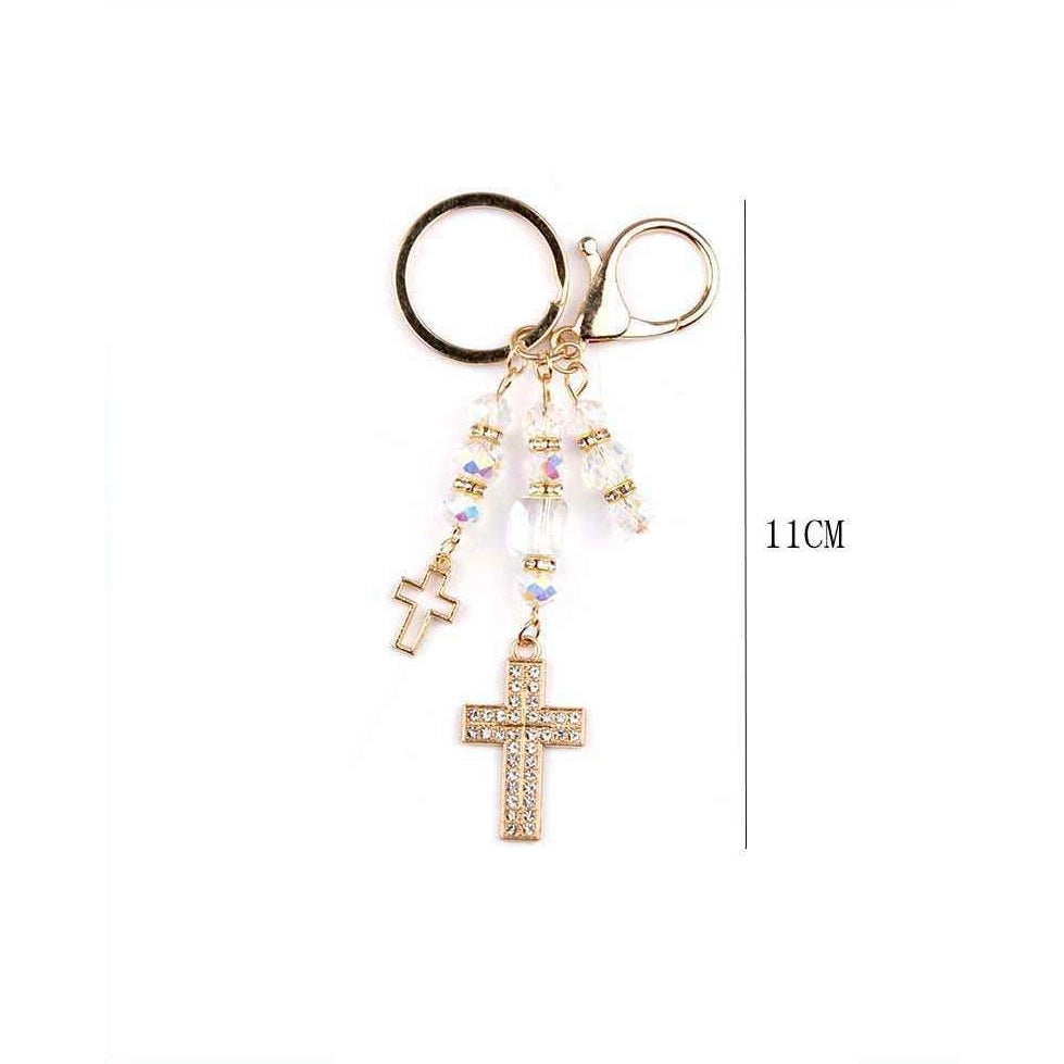Crystal Cross Keychain & Purse Charm – Iridescent Beaded Religious Bag Accessory – Gold & Silver Tone (YNV-1757)