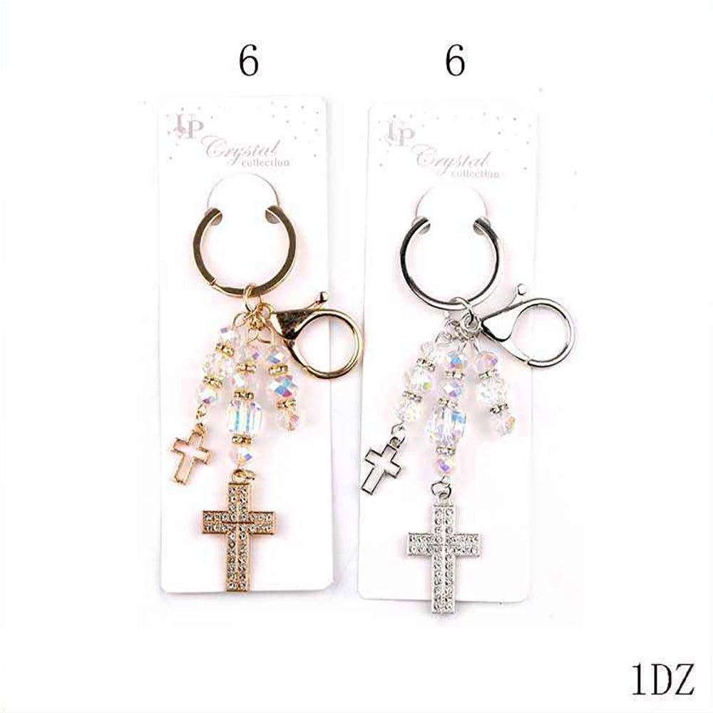 Crystal Cross Keychain & Purse Charm – Iridescent Beaded Religious Bag Accessory – Gold & Silver Tone (YNV-1757)