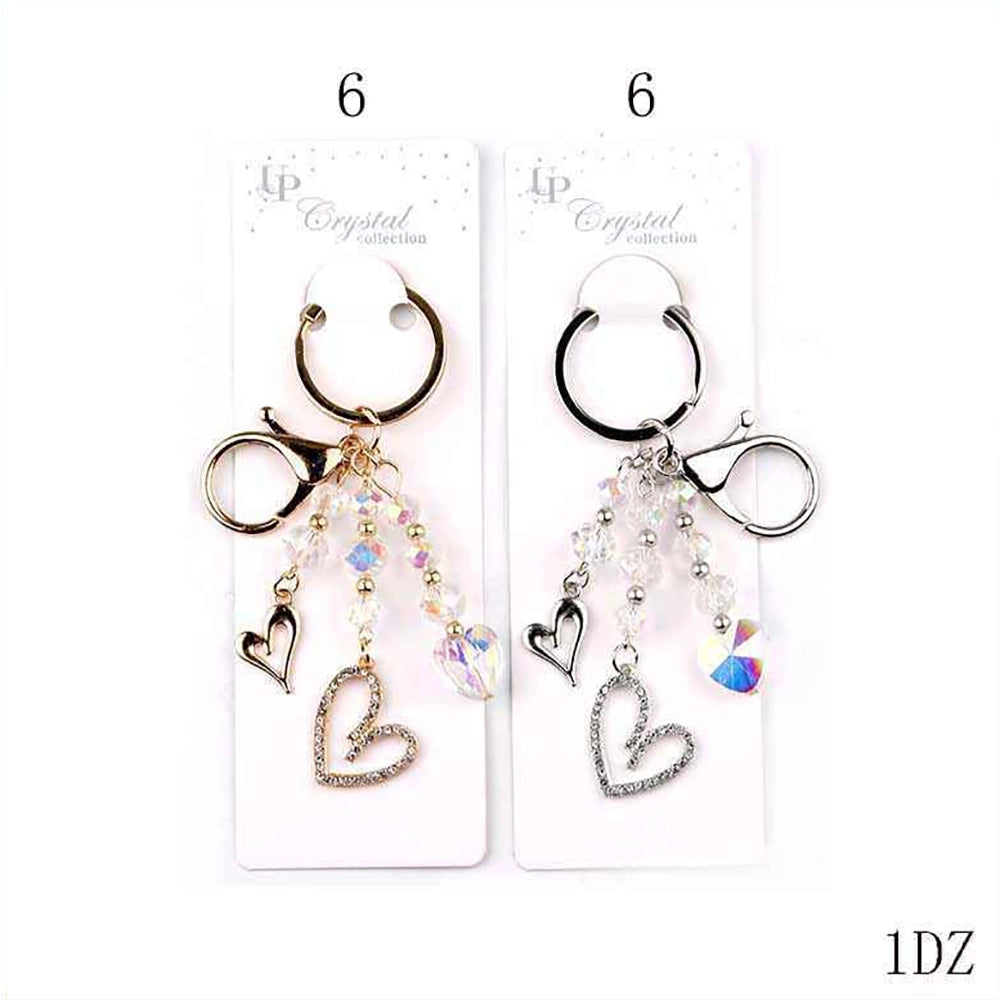 Crystal Heart Keychain & Bag Charm – Sparkling Iridescent Beaded Keyring Accent (Gold & Silver Finish) (YNV-1758)