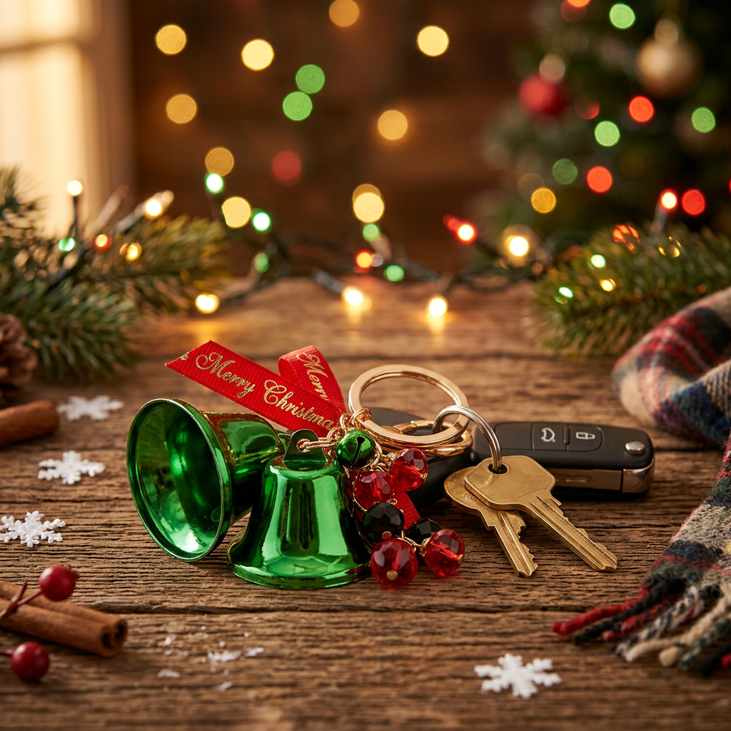 SEO Title: Christmas Holiday Metallic Jingle Bell & Ribbon Crystal Bead Keychain Purse Charm (12pcs)