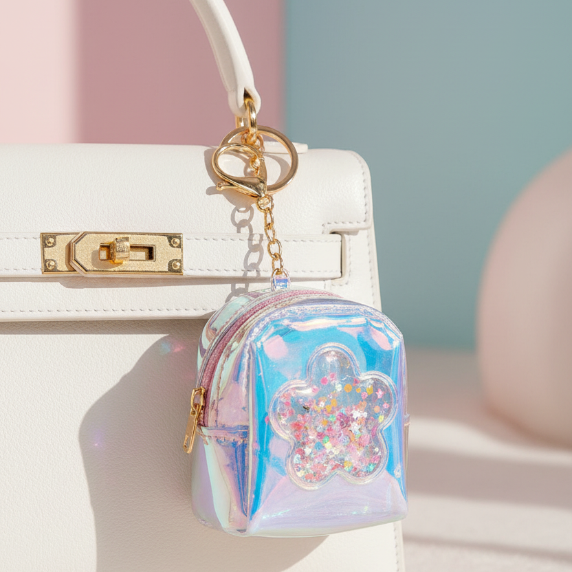 Mini Holographic Backpack Keychain Pouch with Glitter Shapes – Kawaii Iridescent Coin Purse Bag Charm (12 Pcs Pack) (YNV-1902)