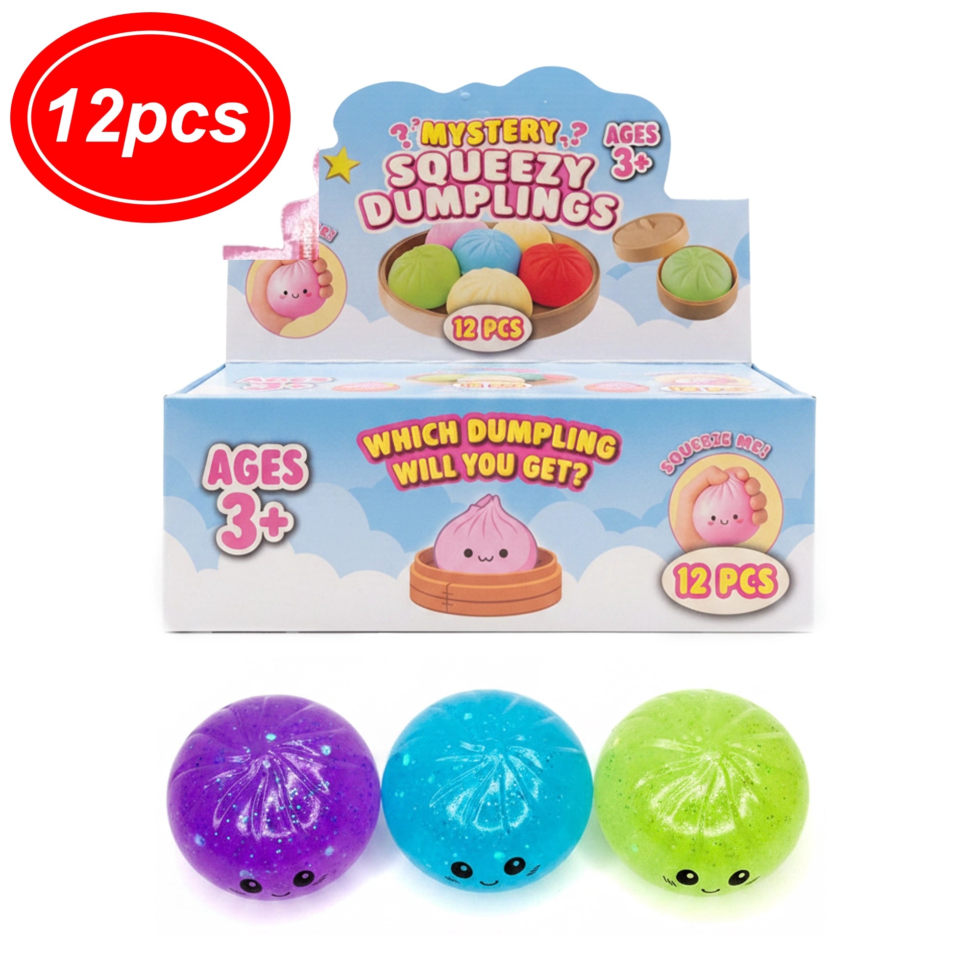 Mystery Squeezy Dumplings Fidget Toys (12-Piece Display Box) – Cute Glitter Squishy Stress Balls, Kawaii Sensory Toys for Kids & Adults, Anxiety Relief, Party Favors, Blind Box Surprise