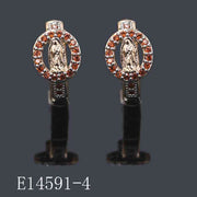 E14591-4 - Gold Plated Virgin Mary Hoop Earrings with Red Cubic Zirconia Halo | Religious Jewelry Gift