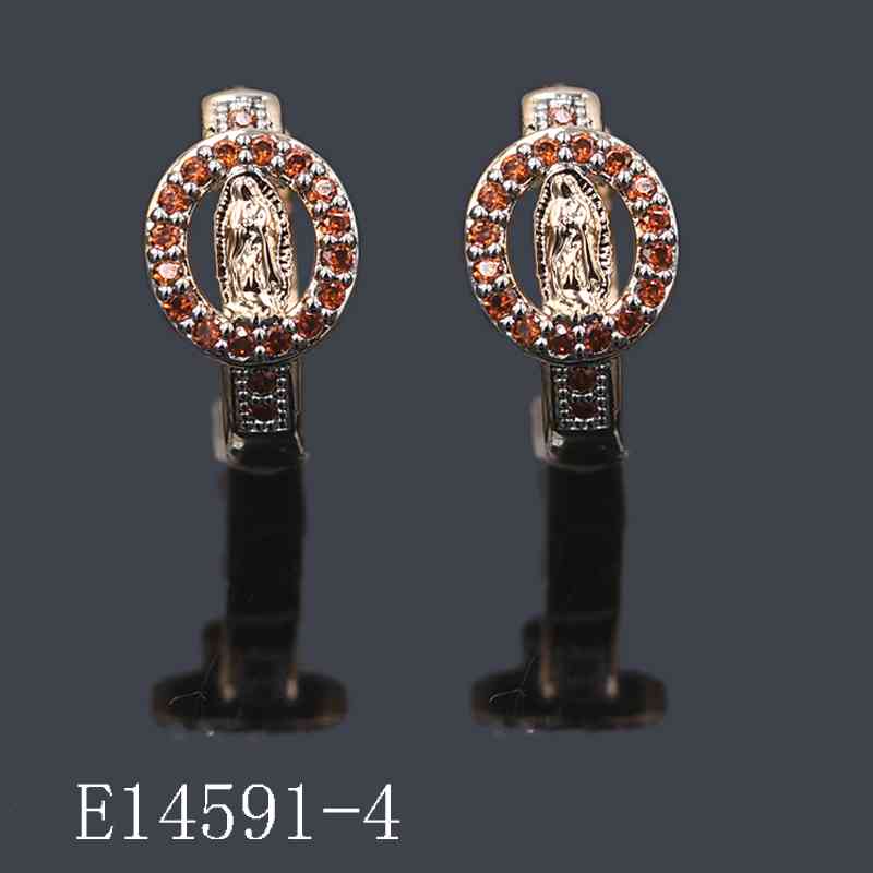 E14591-4 - Gold Plated Virgin Mary Hoop Earrings with Red Cubic Zirconia Halo | Religious Jewelry Gift