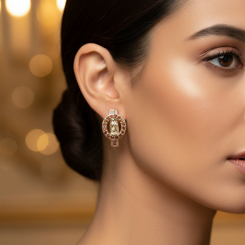 E14591-4 - Gold Plated Virgin Mary Hoop Earrings with Red Cubic Zirconia Halo | Religious Jewelry Gift