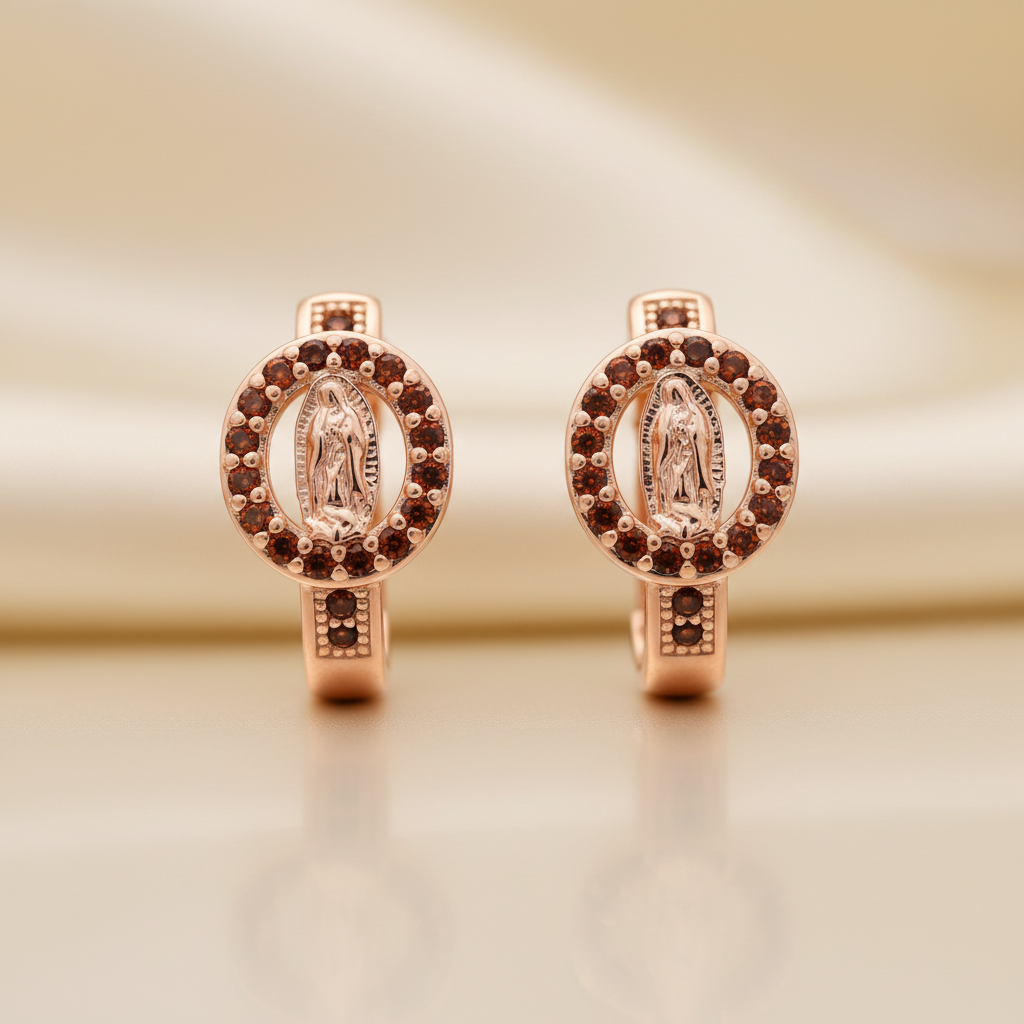 E14591-4 - Gold Plated Virgin Mary Hoop Earrings with Red Cubic Zirconia Halo | Religious Jewelry Gift
