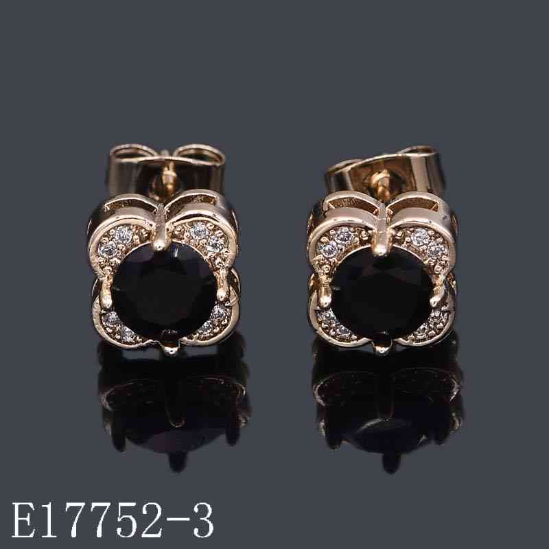 E17752-3 - Elegant Black Onyx Round Stud Earrings with Cubic Zirconia Halo, Gold Plated - For Women