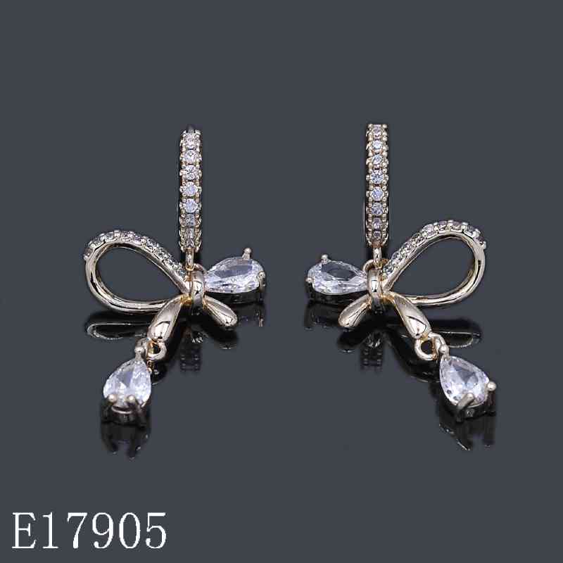 E17905 - Gold Plated Ribbon Bow Dangle Earrings with Teardrop Cubic Zirconia | Coquette Dainty Huggie Hoops