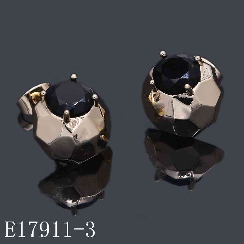 E17911-3 - Gold Plated Geometric Stud Earrings with Black Gemstone | Modern Faceted Crystal Post Earrings for Women