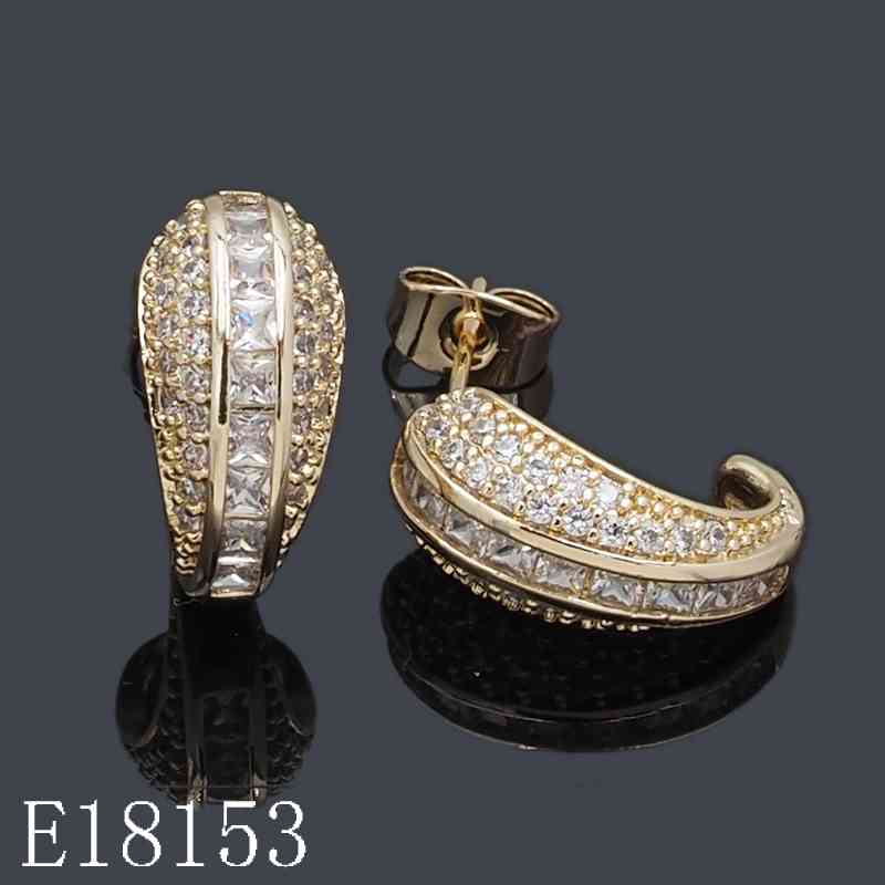E18153 - Gold Plated Cubic Zirconia J-Hoop Stud Earrings with Princess & Round Cut Stones