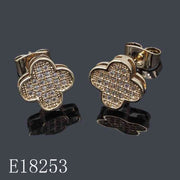 E18253 - Gold Plated Clover Stud Earrings with Micro Pave Cubic Zirconia | Lucky Four-Leaf Flower Earrings for Women