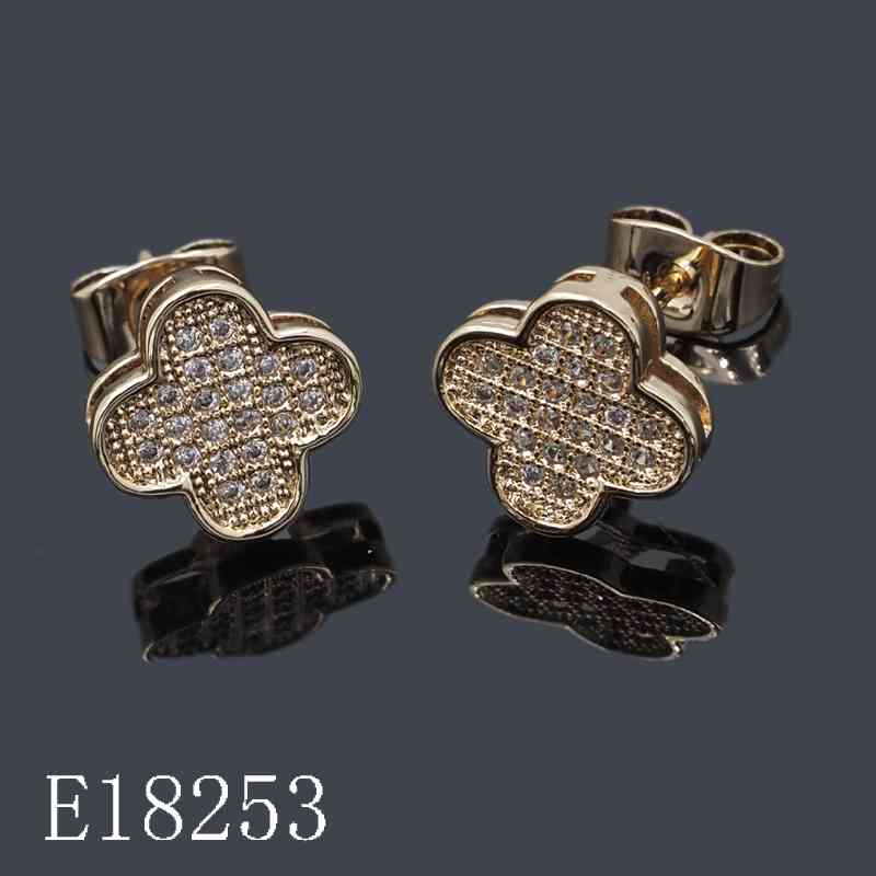 E18253 - Gold Plated Clover Stud Earrings with Micro Pave Cubic Zirconia | Lucky Four-Leaf Flower Earrings for Women