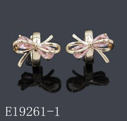 E19261-1 - 18K Gold Plated Brass Pink Sapphire CZ Ribbon Bow Huggie Hoop Earrings | Pear Cut Gemstone Ribbon Tie Leverback Huggie Earrings