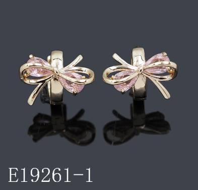 E19261-1 - 18K Gold Plated Brass Pink Sapphire CZ Ribbon Bow Huggie Hoop Earrings | Pear Cut Gemstone Ribbon Tie Leverback Huggie Earrings