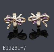 E19261-7 - 18K Gold Plated Brass Purple Amethyst CZ Ribbon Bow Huggie Hoop Earrings | Pear Cut Gemstone Ribbon Tie Leverback Huggie Earrings