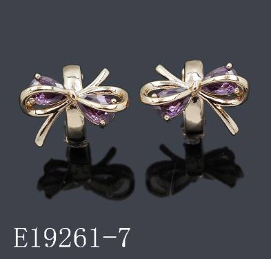 E19261-7 - 18K Gold Plated Brass Purple Amethyst CZ Ribbon Bow Huggie Hoop Earrings | Pear Cut Gemstone Ribbon Tie Leverback Huggie Earrings
