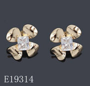 E19314 - 18K Gold Plated Brass Clear CZ Four-Petal Flower Stud Earrings | Radiant Cut Solitaire Floral Studs