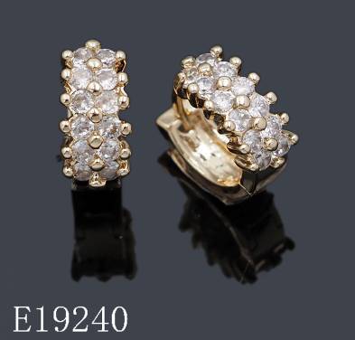 E19240 - 18K Gold Plated Brass Double Row CZ Huggie Hoop Earrings | Prong-Set Cubic Zirconia Leverback Huggie Earrings