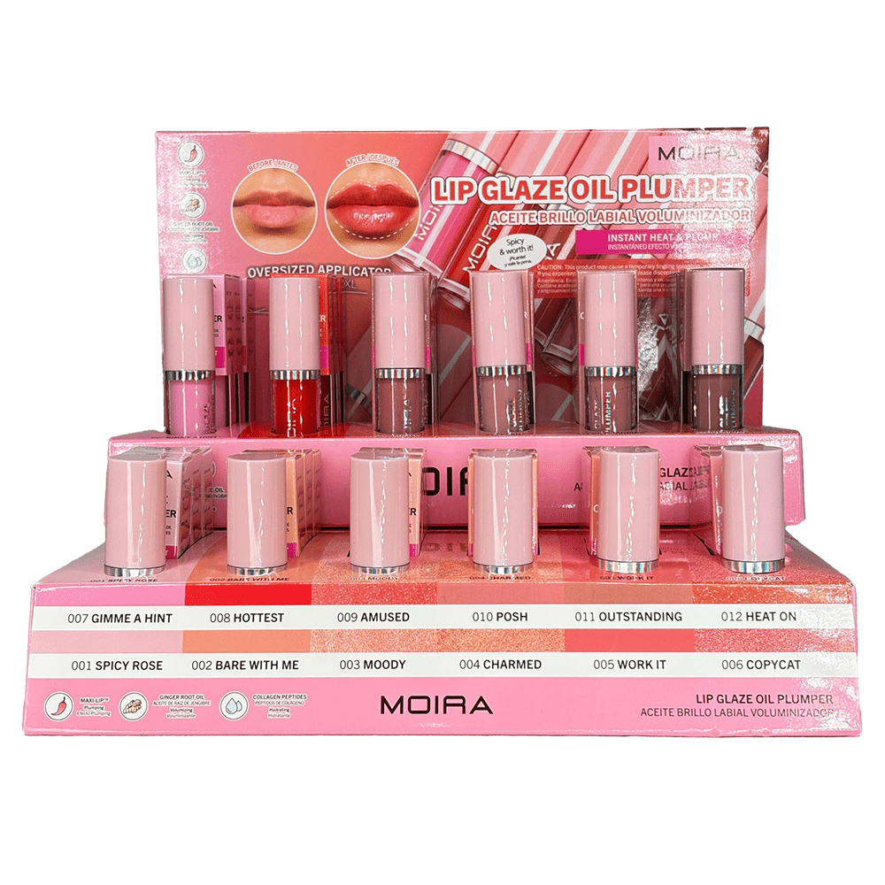 MOIRA Lip Glaze Oil Plumper – Hydrating Glossy Finish Lip Oil (Display of 36 + 12 Testers) - TRUECOLOR WHOLESALE