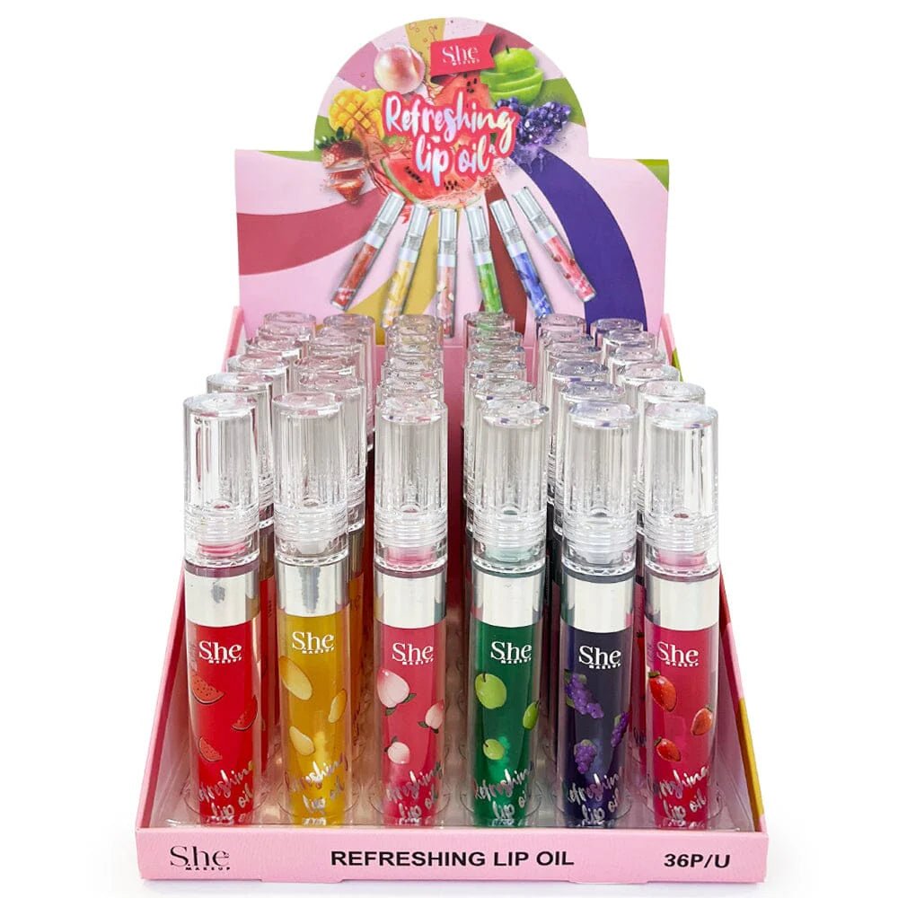 S.he Refreshing Lip Oil Display – 36 - Piece Hydrating Non - Sticky Gloss Set (W - F - 01) - TRUECOLOR WHOLESALE